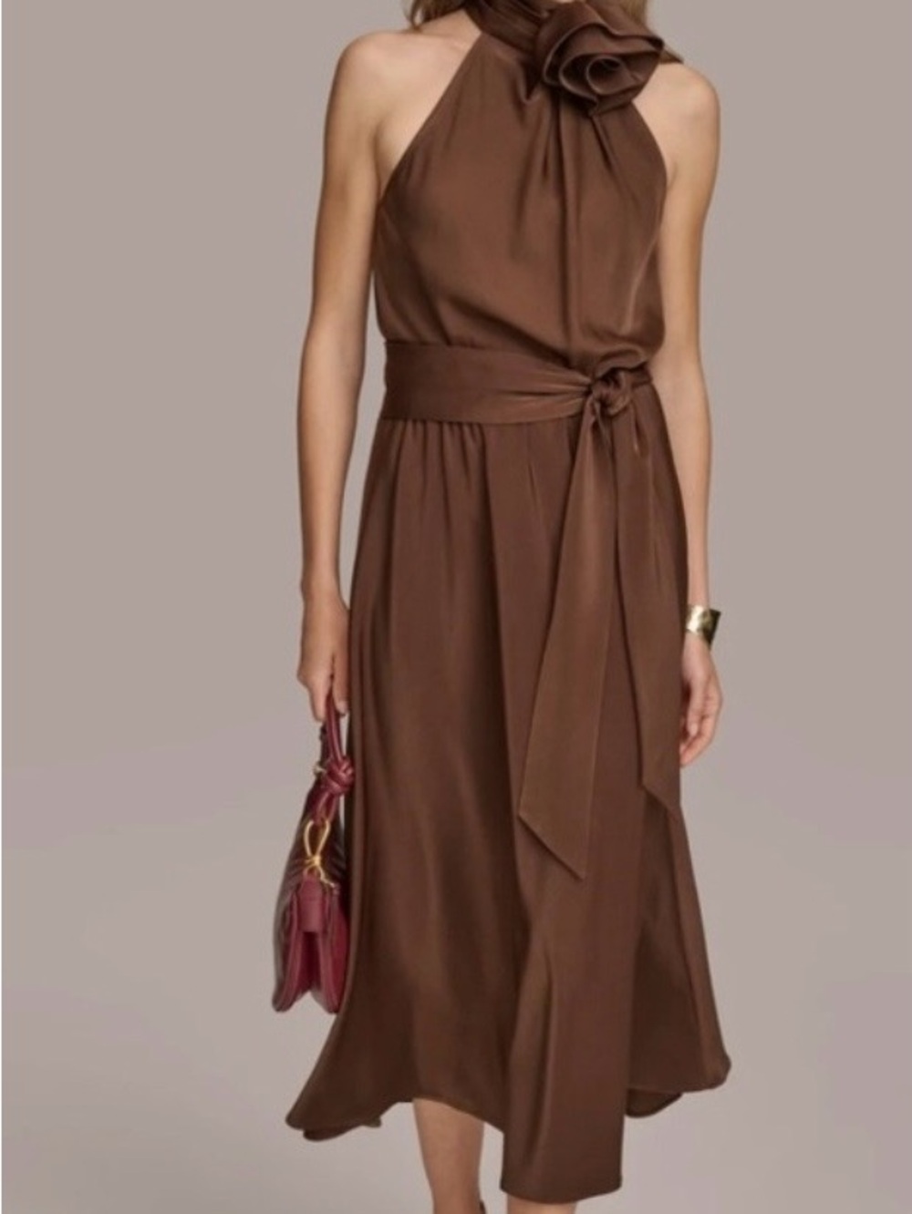 Donna Karan Halter Midi Dress Rosette Chocolate Brown Size 10 Never Worn